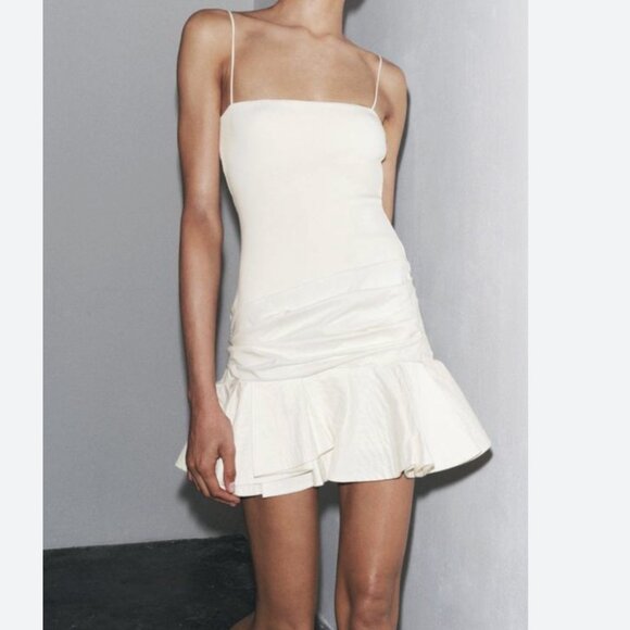 Zara Voluminous Combined Ruffle Short Dress NWT Ecru White Size Medium - Picture 7 of 11